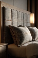 Experience the inviting ambiance of a cozy bedroom setup in a contemporary home at night, highlighted by warm lighting and plush pillows arranged on a meticulously made bed