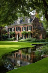 Nestled in a serene neighborhood, this stunning brick house is beautifully enveloped by lush trees and a gently flowing stream, creating a picturesque daytime scene