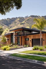 Modern house with wooden exterior and large windows located in a hilly area with greenery and trees in the late afternoon