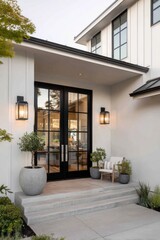 The front entrance of a contemporary house showcases sleek glass doors, beautifully framed by potted plants, all illuminated by the warm glow of sunset