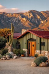 Mountain house in desert landscape showing a combination of stone and wood materials with a cactus in front during the golden hour sun