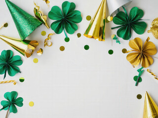 Green accessories for St. Patrick&rsquo;s Day include shamrock decorations, party hats, and golden confetti. Ideal for a festive family celebration or pub gathering.