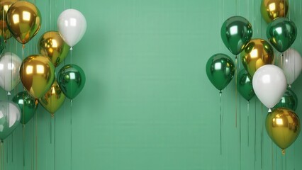 A festive arrangement of green, gold, and white balloons on a green background. Perfect for St. Patrick's Day celebrations and Irish-themed parties.