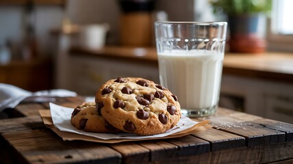 Homemade Chocolate Chip Cookies & Milk on Rustic Wooden Table