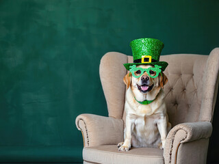 A cheerful yellow Labrador dog wearing a green leprechaun hat and shamrock glasses sits on a beige armchair against a green background. Perfect for St. Patrick's Day celebrations.