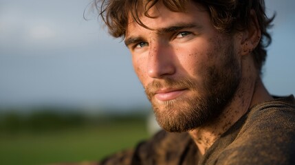 A farmer’s face double-exposed with satellite imagery and crop data overlays, symbolizing precision agriculture and data-driven food production. cinematic color correction, natural uneven lighting