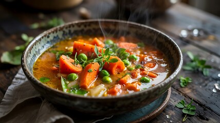 Homemade Steaming Carrot and Pea Soup with Rustic Charm on Wooden Table