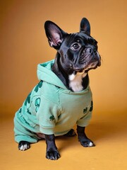 A black French Bulldog wearing a green hoodie with shamrock designs. The background is a warm yellow, creating a festive St. Patrick's Day atmosphere.