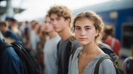 Students traveling home at the end of term, train platforms crowded with luggage and anticipation, reflecting modern seasonal migration in education systems. cinematic color correction, natural