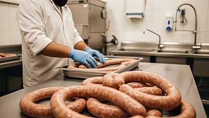 Male butcher in white coat and gloves prepares fresh sausages on stainless steel table in a commercial kitchen, showcasing food production techniques and craftsmanship