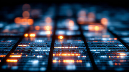Abstract digital data panels with flowing information lines representing data processing analytics technology and information systems concept.
