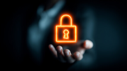A glowing security padlock floating above an open hand representing data protection cybersecurity trust and digital privacy concept.
