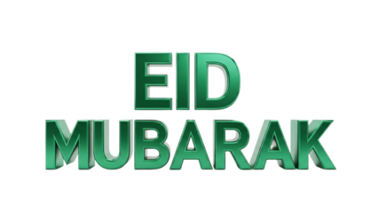 Green metallic 3D Eid Mubarak text isolated on white background for Islamic holiday celebration and greeting cards