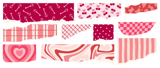 Valentine's Day  torn paper set. Groovy aesthetic ripped paper collage set with pink and red patterns including hearts, keys, cherries, stripes, and checkerboard