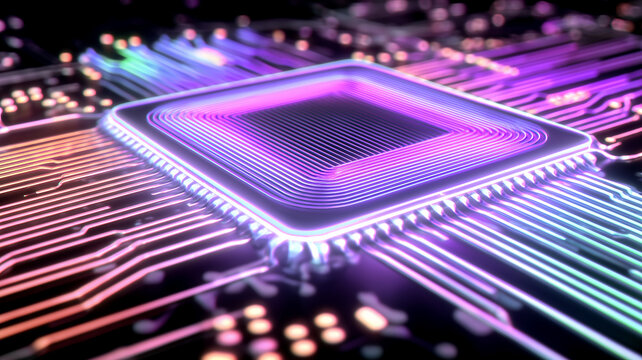 Futuristic glowing microchip with colorful circuits illustrating next generation computing, data processing and digital innovation concept.
