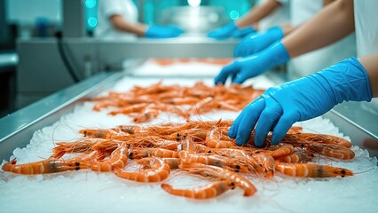 Hands of food production workers in blue gloves sorting fresh shrimp on ice in a seafood processing facility, showcasing the meticulous handling of seafood products