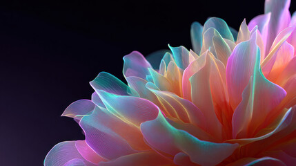 Abstract Neon Flower with Translucent Glowing Petals on Dark Background