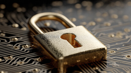 Metal padlock resting on a circuit board representing digital security data protection and cybersecurity concept.

