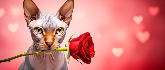Sphynx Cat Holding Red Rose with Mouth, Pink Gradient Background with Blurred Heart Shapes
