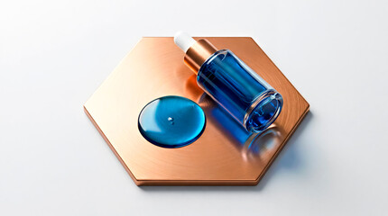 Glass Bottle of Peptide Serum and Transparent Blue Droplet on Copper Hexagonal Podium, Empty White Studio Background