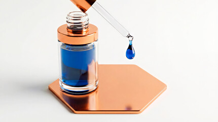 Bottle of Copper Peptide Serum and Dropper with Blue Droplet,  Empty White Studio Background