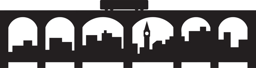 Obraz premium City skyline silhouette seen through arches of historic bridge vector illustration