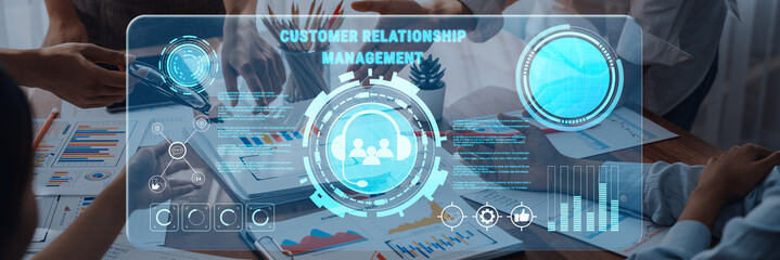 A visually engaging representation of customer relationship management, showcasing digital charts and collaborative efforts in an office setting, highlighting teamwork and strategy. Trope