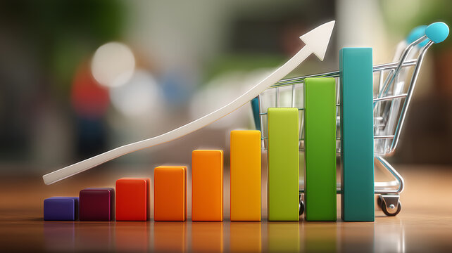 Rising bar chart beside a shopping cart symbolizing consumer spending growth retail sales increase and economic demand.
