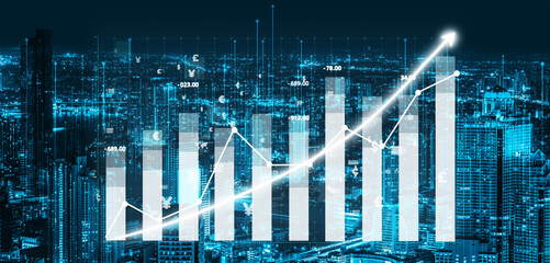 Dynamic Financial Growth Chart Over Cityscape at Night Displaying Data Trends and Analytics for Business Insights Impute.