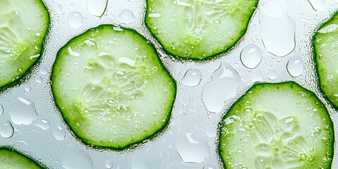 Detail shot of cucumber slices with condensation on transparent container  