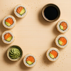 Salmon avocado sushi rolls flat lay with soy sauce and wasabi on a light wooden background, minimal Japanese food composition with copy space
