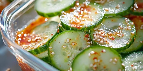 Close-up shot of cucumber slices layered inside a clear container with chili oil and soy-based dressing, sesame seeds in motion, concept of Shakeable cucumber salads  