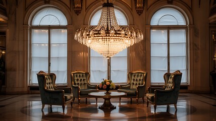Luxurious Ballroom Lounge with Grand Chandelier and Arched Windows