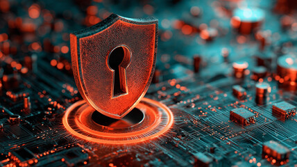 A cybersecurity shield with a keyhole over a digital circuit background, representing data protection and network security systems.
