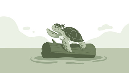 Obraz premium Adventurous Turtle Character On A Log With Bandana Cartoon Vector Illustration