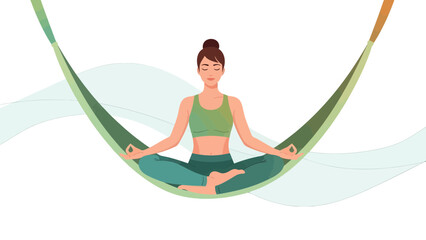 Aerial Yoga Serenity Woman Practicing Meditation in Green Hammock