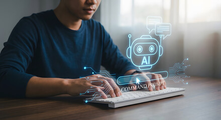 man typing on keyboard with ai chatbot hologram and command prompt bar for artificial intelligence engineering machine learning coding and natural language processing concept