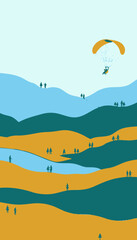 Colorful Hillside Scene with Paraglider Soaring Above Vibrant Layers of Undulating Landscape and Miniature Silhouetted Figures on a Bright Day