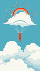 Colorful Dreamscape of a Parachuting Figure Descending Through Clouds Beneath a Vibrant Rainbow and Starry Sky at Daytime