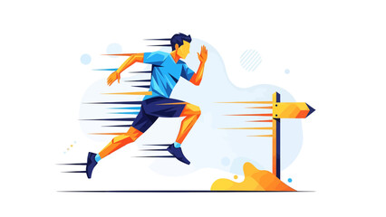 Fototapeta premium Athletic Man Running With Speed Trail Towards A Directional Signpost