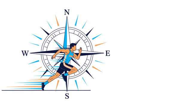 Athletic Endeavor Directional Guidance: Runner With Compass Visualization Icon Logo