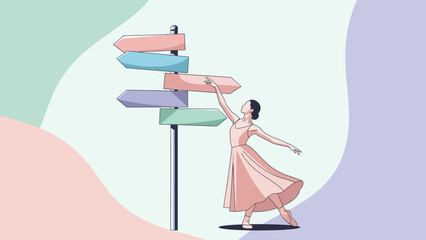 Ballerina Reaching Signpost Choices Embracing Change Navigating Life's Dance Artistic Illustration