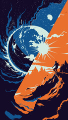 Dynamic Duality of Cosmic Earth and Fiery Landscape Unveiling a Journey Between Celestial Night and Vibrant Day Through Striking Visual Contrasts