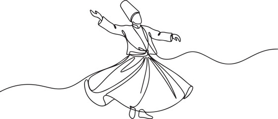 Continuous one line drawing of sufi dancer vector illustration. one line Art icon drawing
