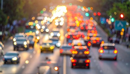 Blurred motion of city traffic at dusk with bright car lights creating bokeh effect.