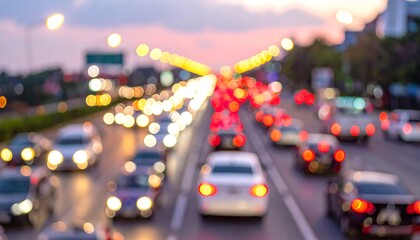 Blurred traffic jam at dusk with bokeh lights.