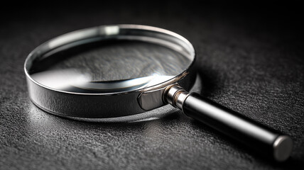 A magnifying glass resting on a dark surface representing investigation analysis focus and attention to detail.
