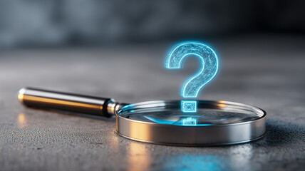 A magnifying glass revealing a digital question mark, representing investigation, uncertainty, research and problem solving in modern analysis.

