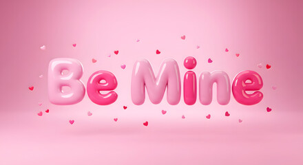 Be mine 3d text, pink glossy balloon typography, valentine day love background, floating hearts, romantic greeting card, pastel rendering, celebration banner, cute bubble font, soft studio light.