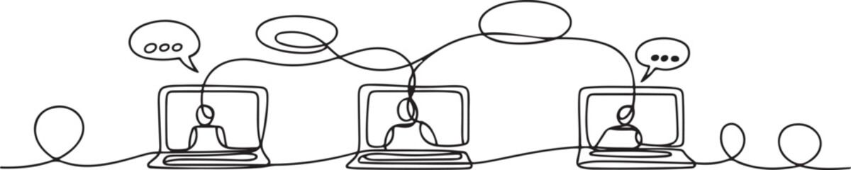 Social network. Continuous one line drawing of laptops with some people on screen and speech bubble. one line Art icon drawing © MDROBIUL